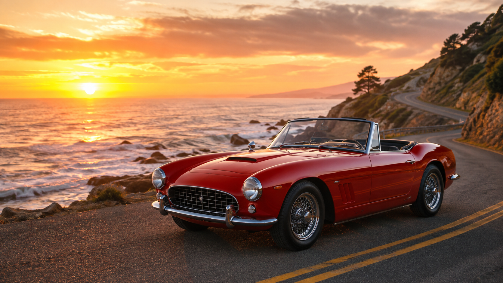 Red convertible on a coastal road