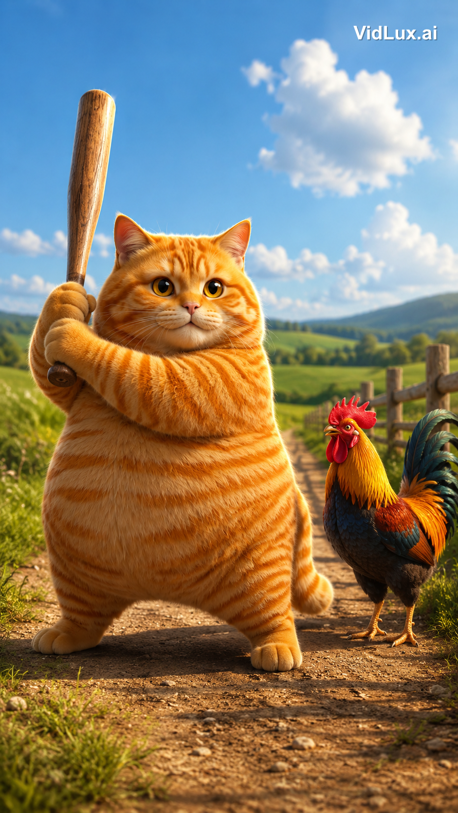 Scene 1: the cat raises the bat to knock out the chicken