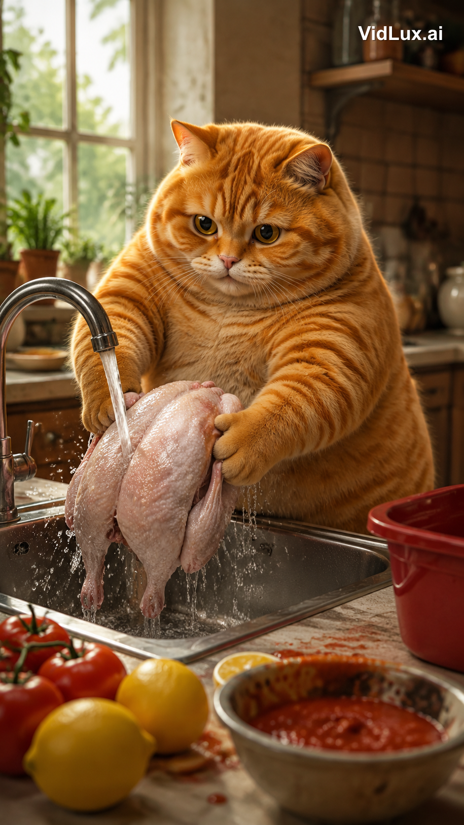 Scene 2: the cat washes the whole chicken