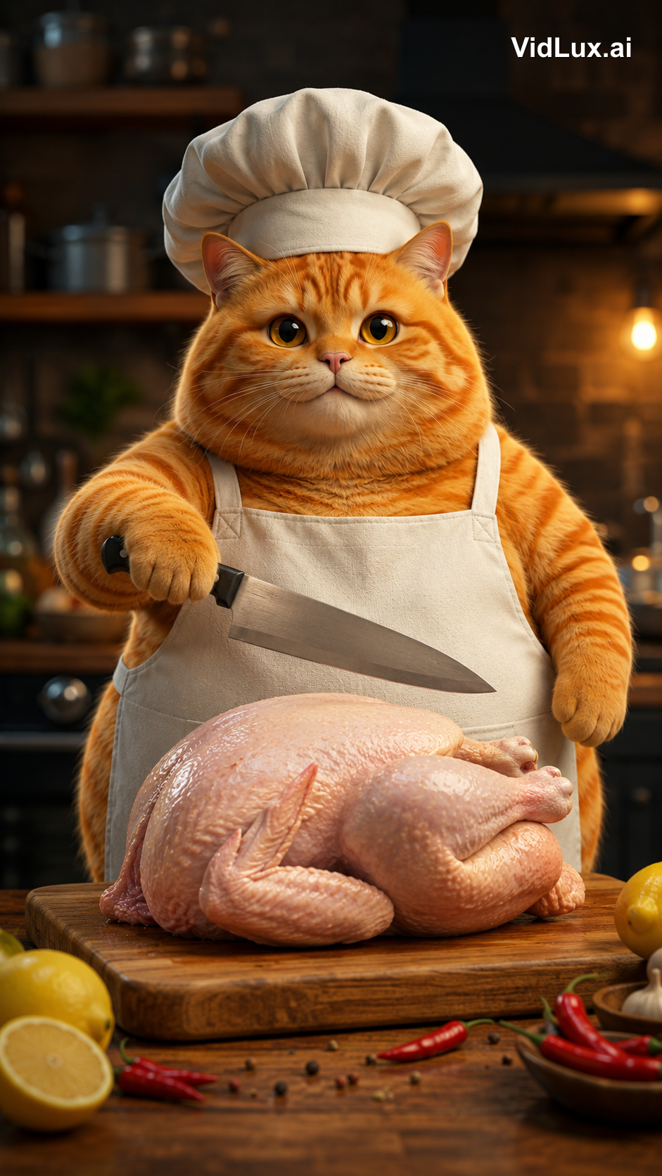 Scene 3: the cat chops the whole chicken