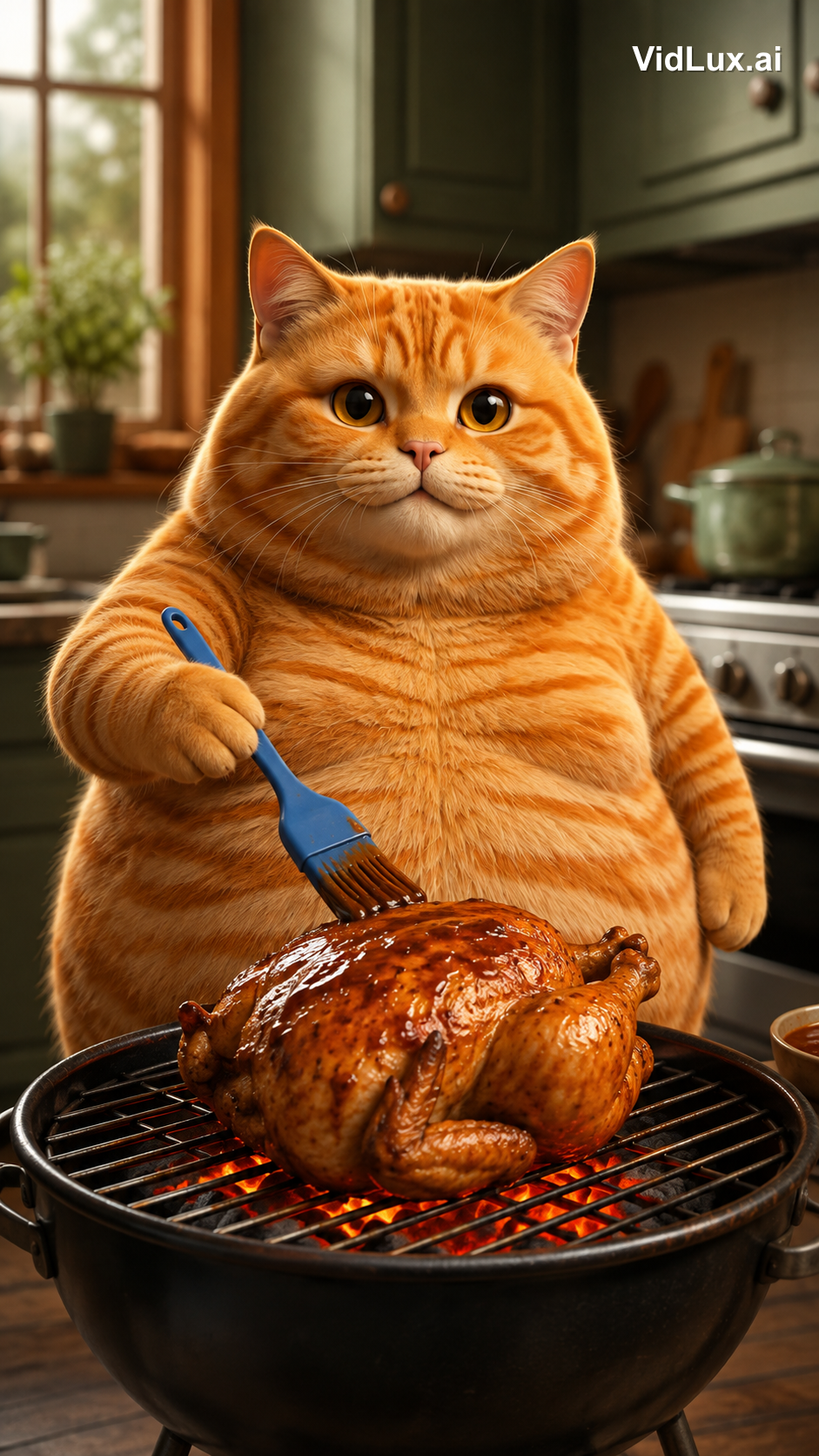 Scene 4: the cat bastes the grilled chicken
