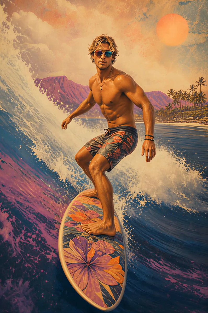 Tropical surfer artwork used as the source image for an image to video example.