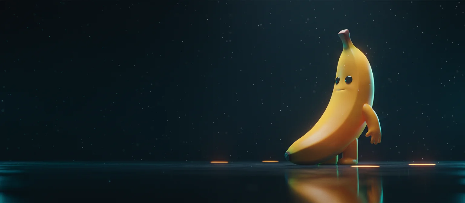 Inquadratura cinematografica ampia di un enorme personaggio banana in vinile 3D